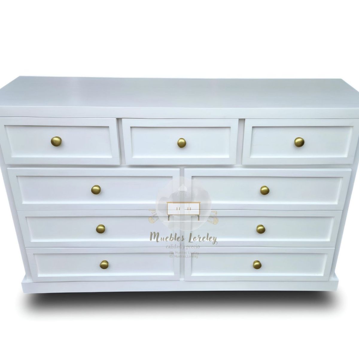 RUSTIC STYLE - COMODA MADERA 9 CAJONES BLANCA Y DORADO