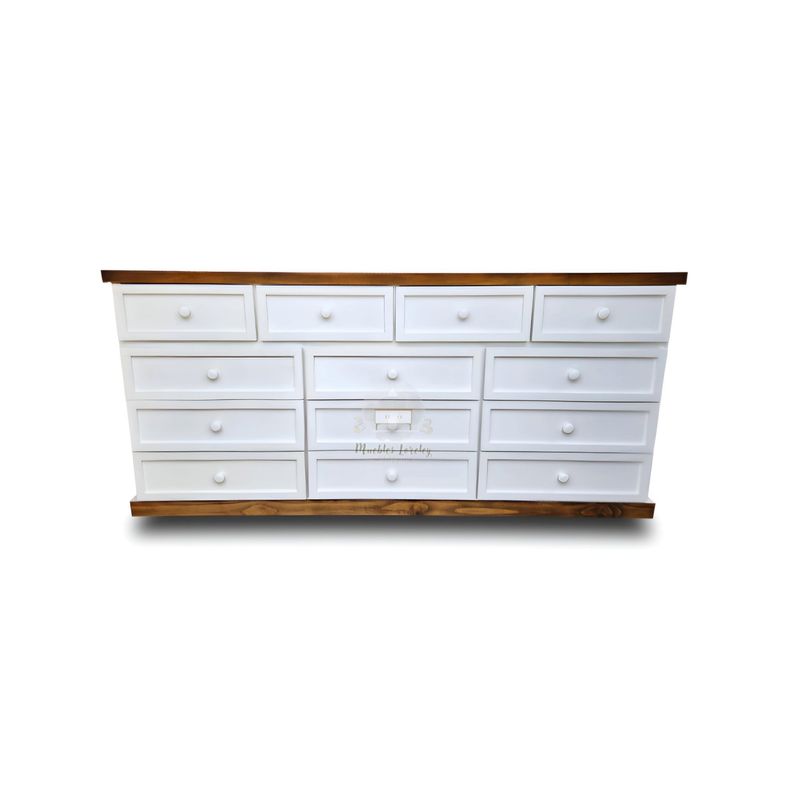 RUSTIC STYLE - GRAN CÓMODA DE 13 CAJONES DE 2 METROS DE MADERA BLANCA Y NOGAL