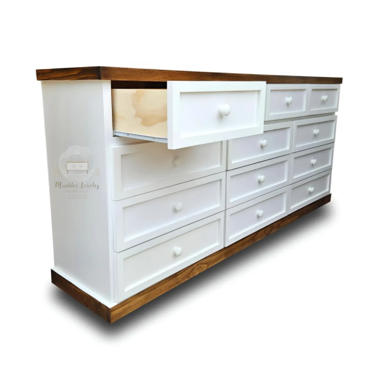 RUSTIC STYLE - GRAN CÓMODA MADERA DE 13 CAJONES DE 2 METROS BLANCA Y NOGAL