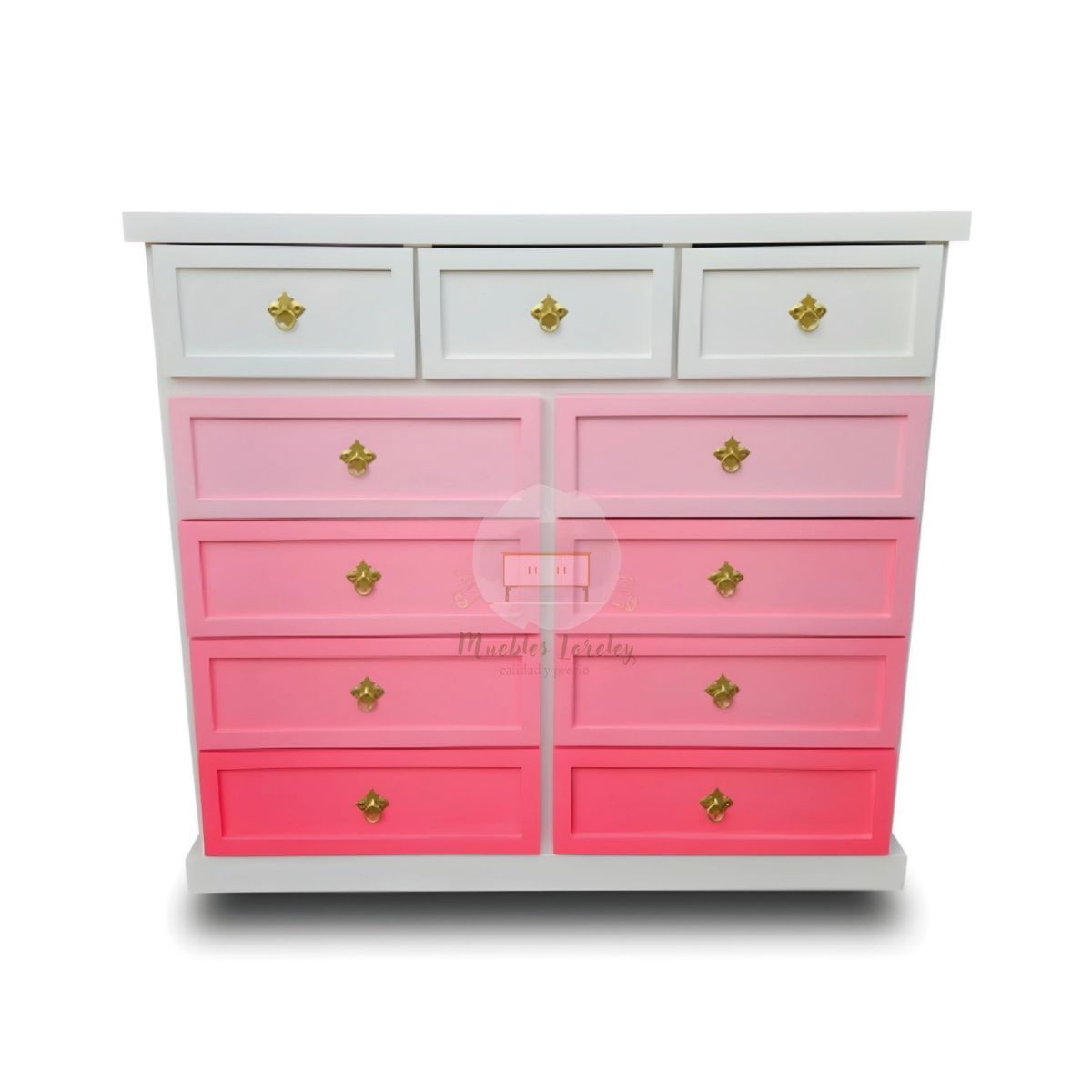 RUSTIC STYLE - COMODA MADERA DE 11 CAJONES BLANCA Y ROSA DEGRADE