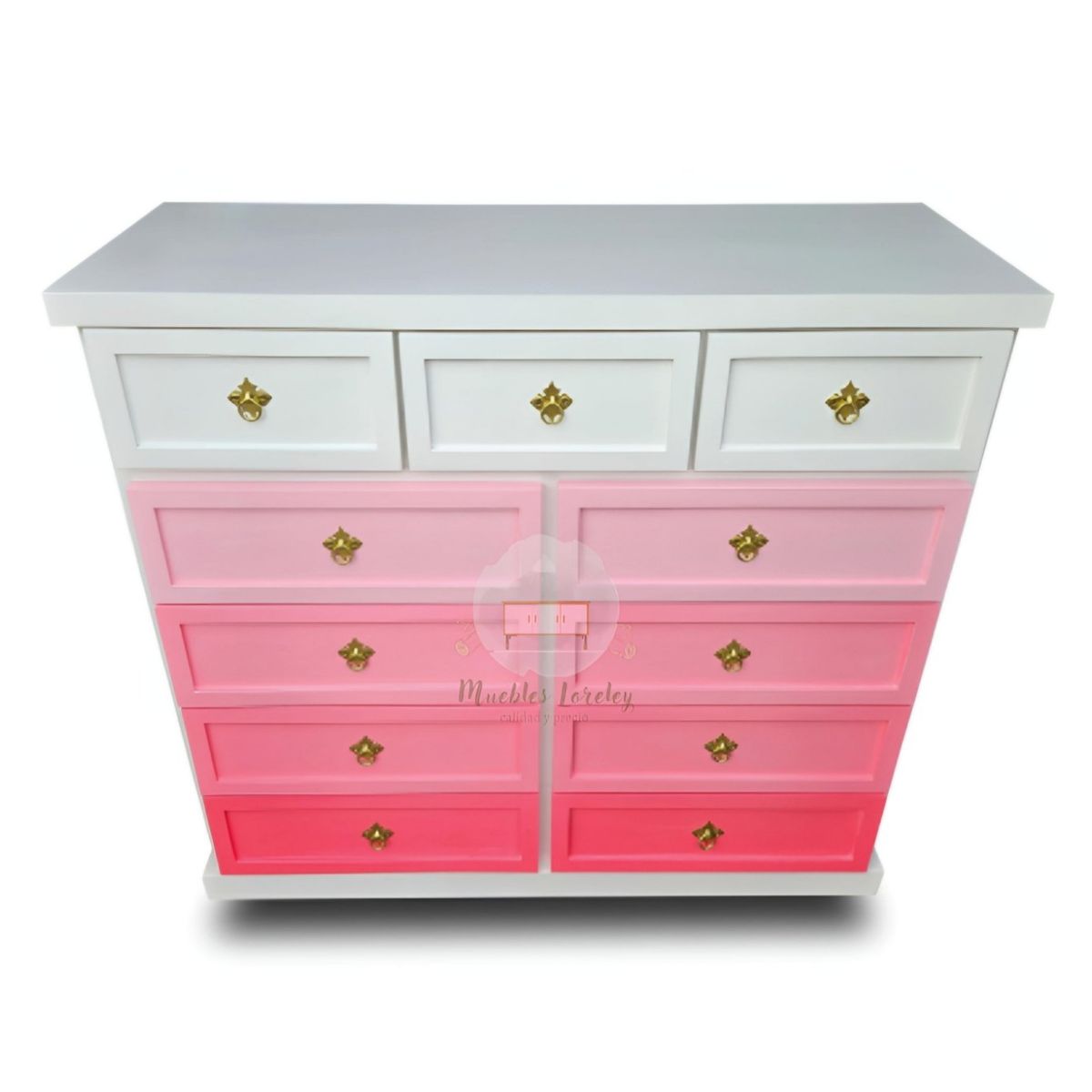 RUSTIC STYLE - COMODA MADERA DE 11 CAJONES BLANCA Y ROSA DEGRADE