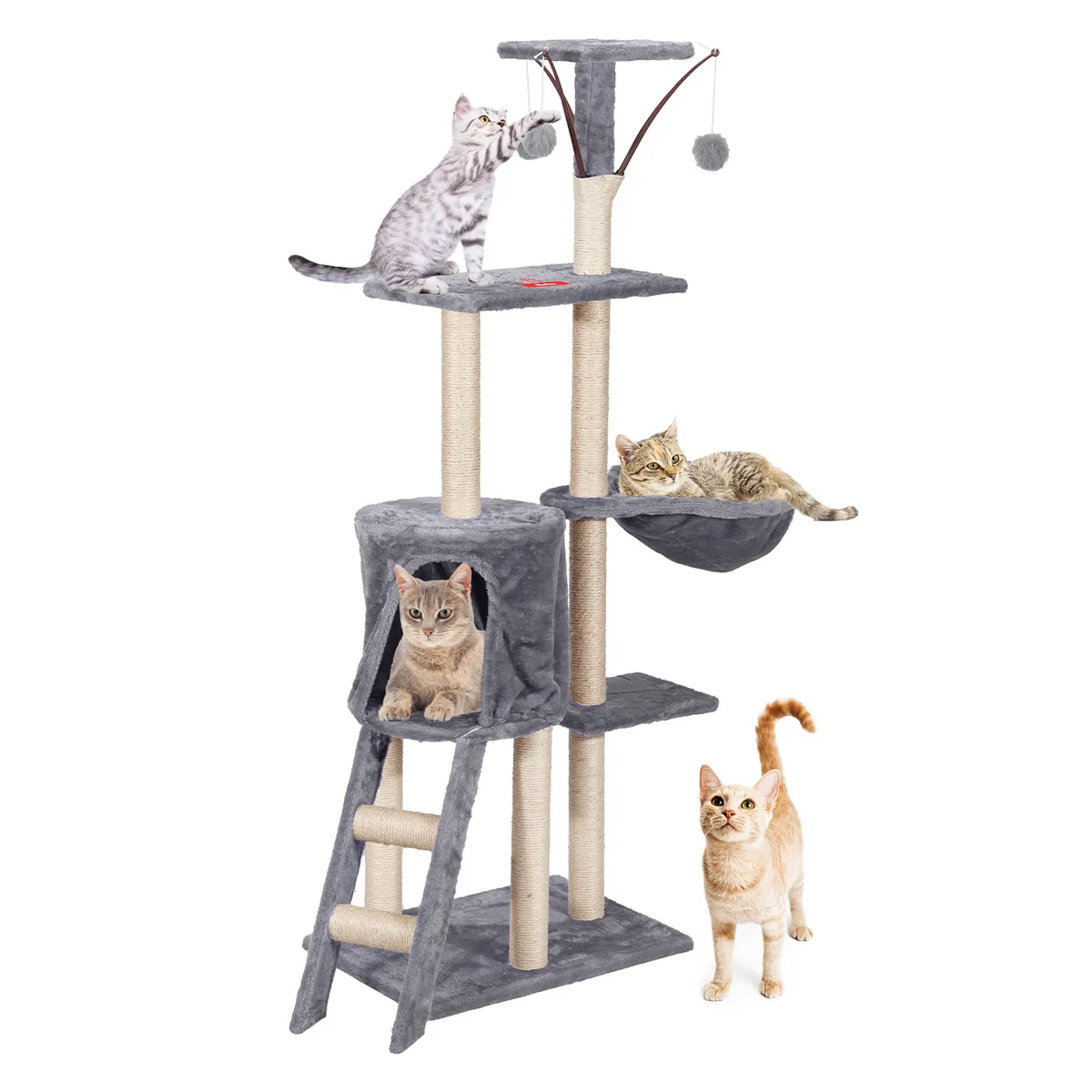KOBA - Rascador Gato Torre Yute Arbol Michis Pompones Escalera Gris