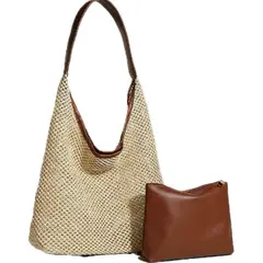 DANWEILE - Mochila Vintage Paja Bolsa de hombro-Marrón