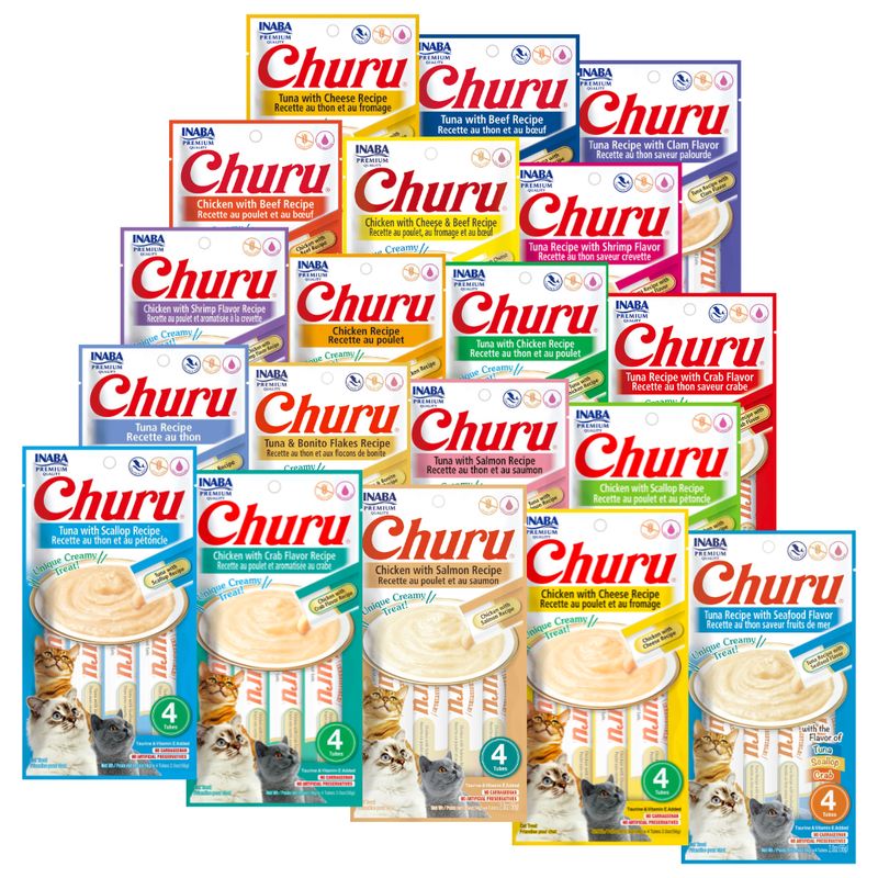 INABA - Churu Gatos - Pack 19 Variedades - 76 Tubitos - Snack Premio