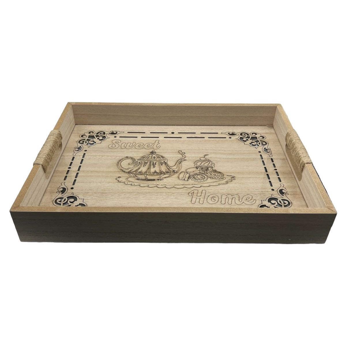 GENERICO - Bandeja Madera Servir Con Diseños Tallados Tetera