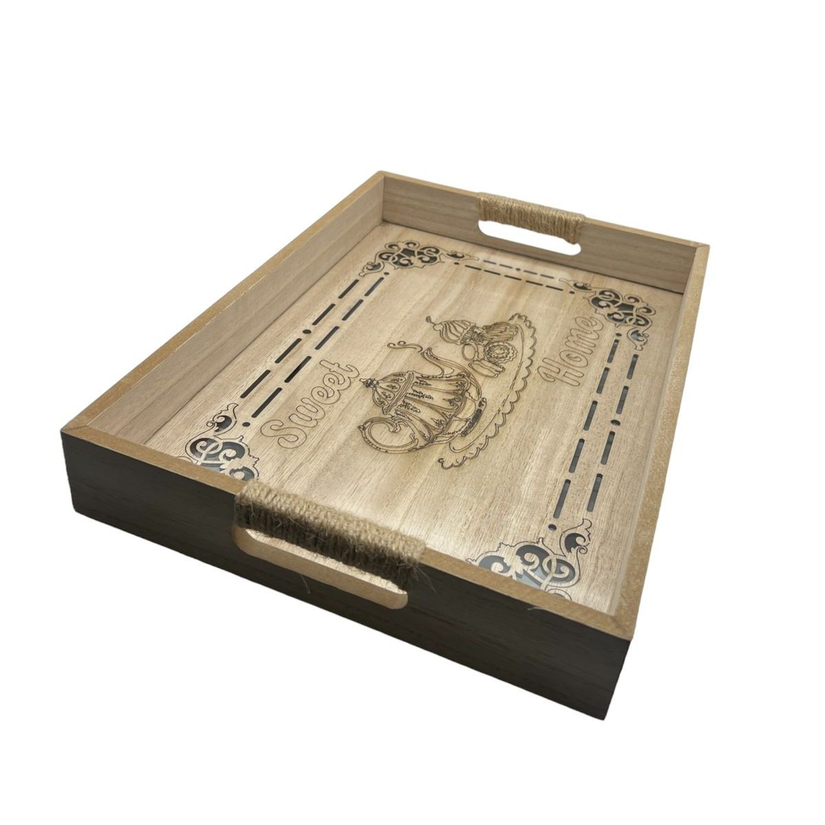 GENERICO - Bandeja Madera Servir Con Diseños Tallados Tetera