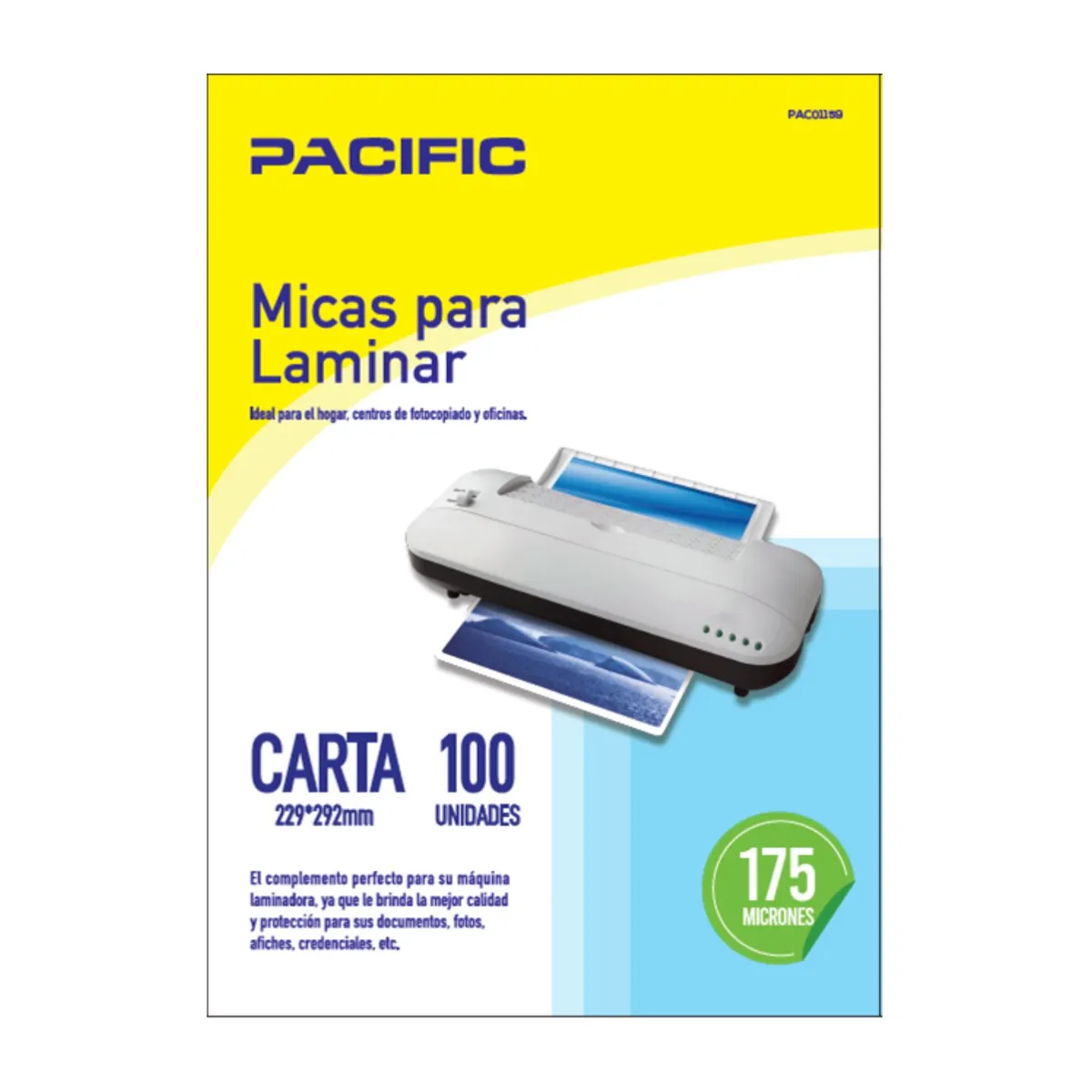 PACIFIC - 100 Laminas Micas Termolaminadora Carta 175 Micrones - SC