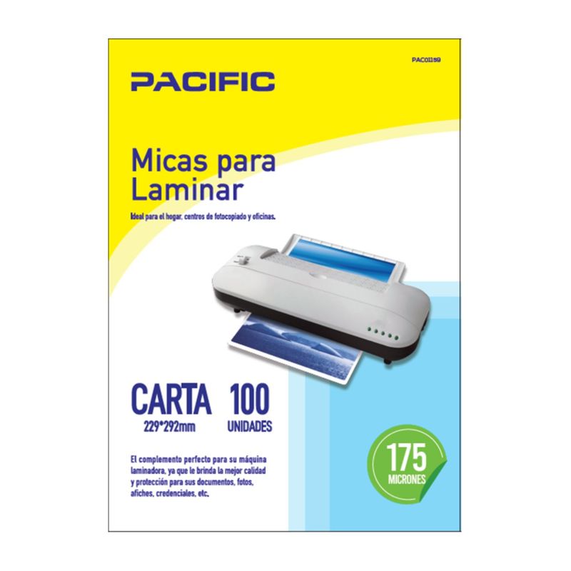 PACIFIC - 100 Laminas Micas Termolaminadora Carta 175 Micrones - SC