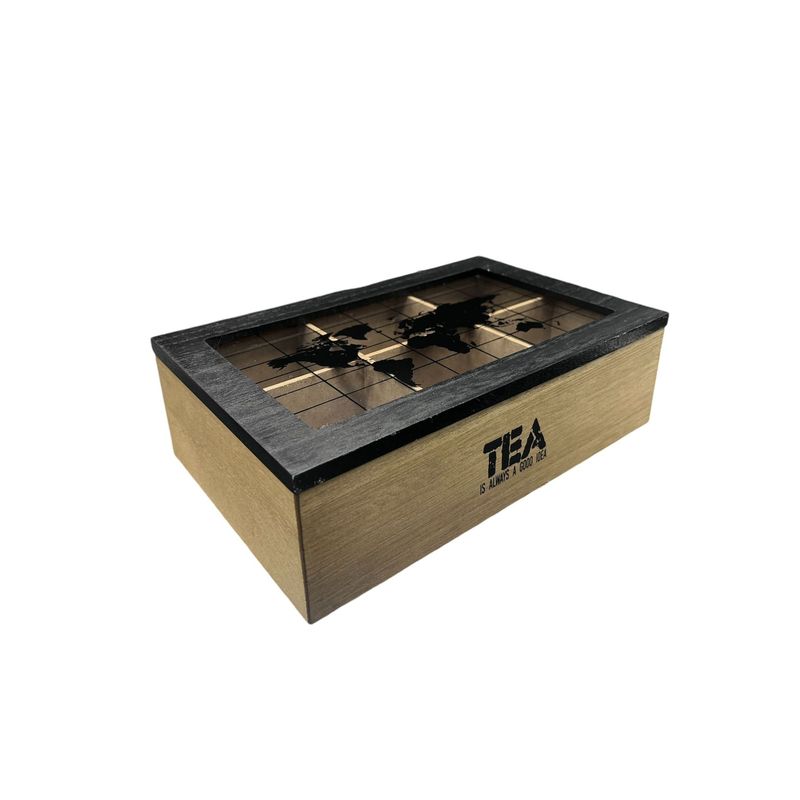 GENERICO - Caja De Té Mediana De Madera 6 Espacios Con Diseños Mapa