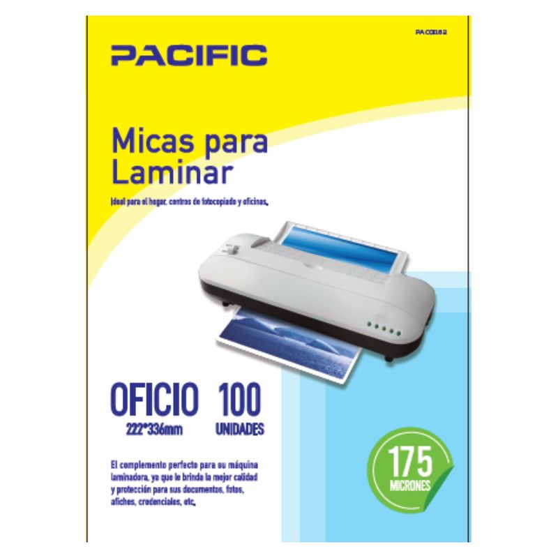 PACIFIC - 100 Laminas Micas Termolaminadora Oficio 175 Micrones - SC