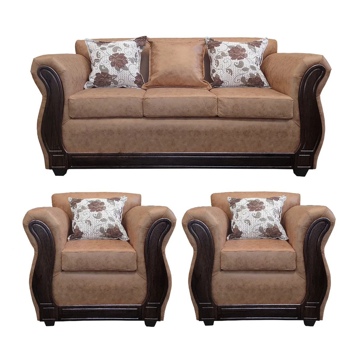 AMERICA DECORA - Living Con Resorte Estructural 5 Cuerpos 3+1+1 Eleonor Envejecido Café Teja