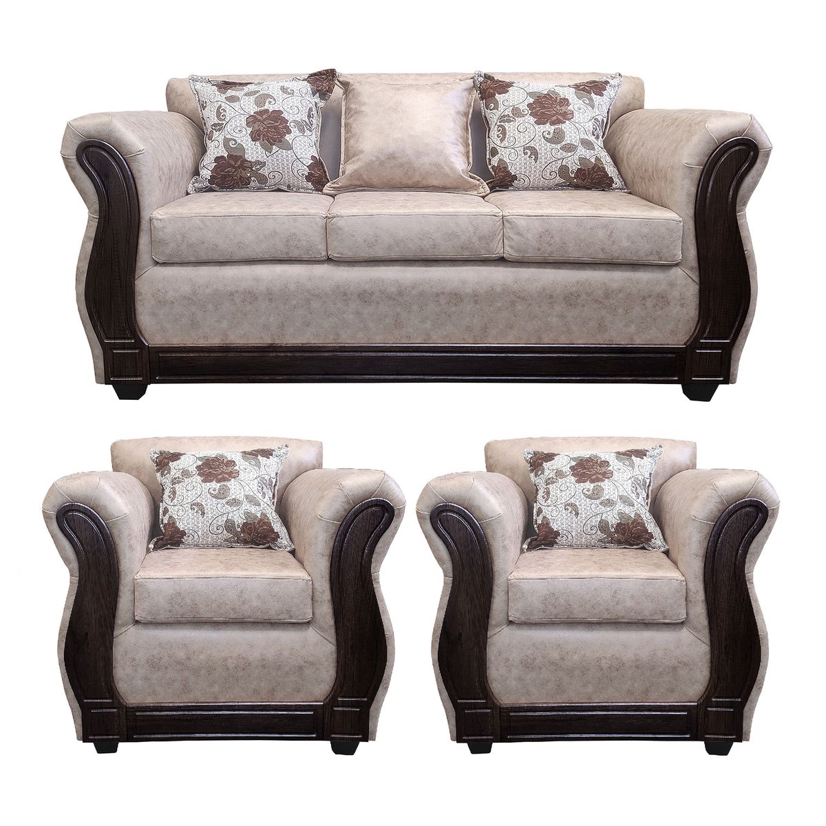 AMERICA DECORA - Living Con Resorte Estructural 5 Cuerpos 3+1+1 Eleonor Envejecido Beige