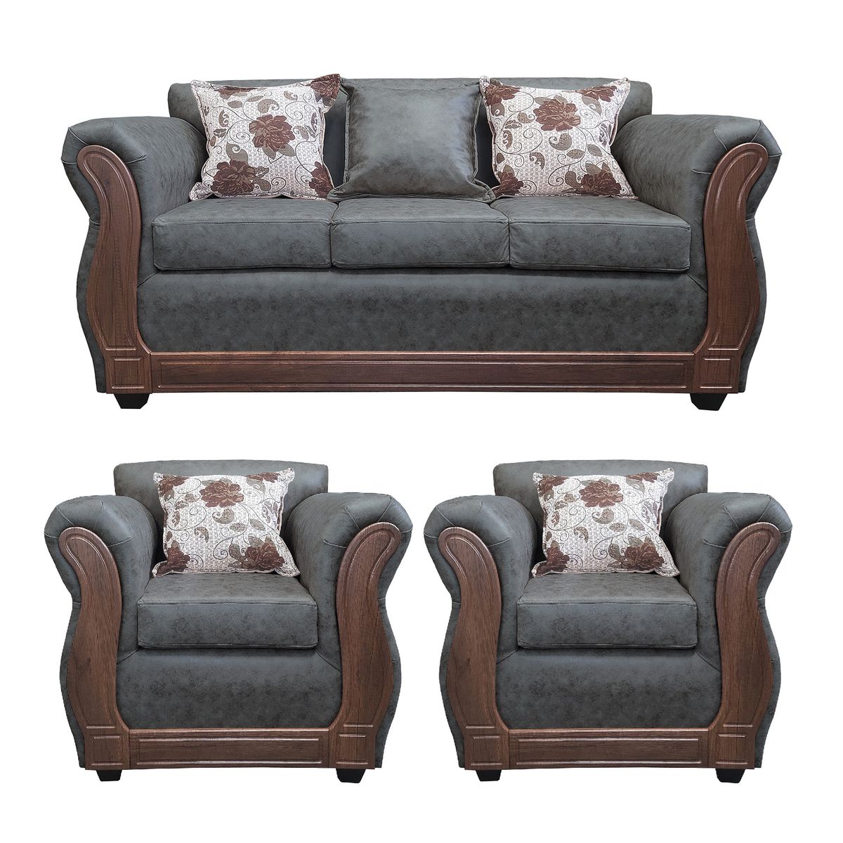 AMERICA DECORA - Living Con Resorte Estructural 5 Cuerpos 3+1+1 Eleonor Envejecido Gris Oscuro X