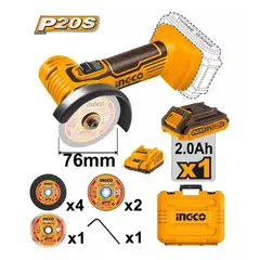 INGCO - Mini Amoladora Esmeril Multifunción Inalámbrica 20V 3″ + Batería 2AH + Cargador