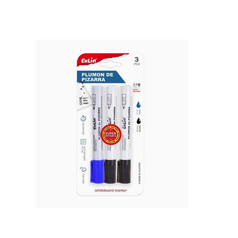 GENERICO - Marcador Para Pizarra con Cabeza Redonda Azul y Negro 3pcs