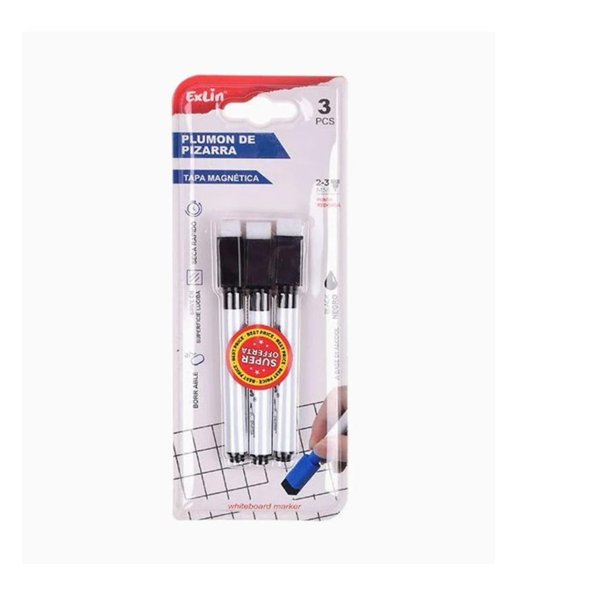 GENERICO - Marcador Para Pizarra Negro 3 pcs 11.50cm
