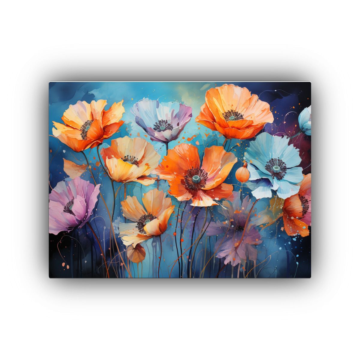 GENERICO - Pintura Abstracta De Amapolas En Tonos Naranja Y Azul Para D 120x80cm