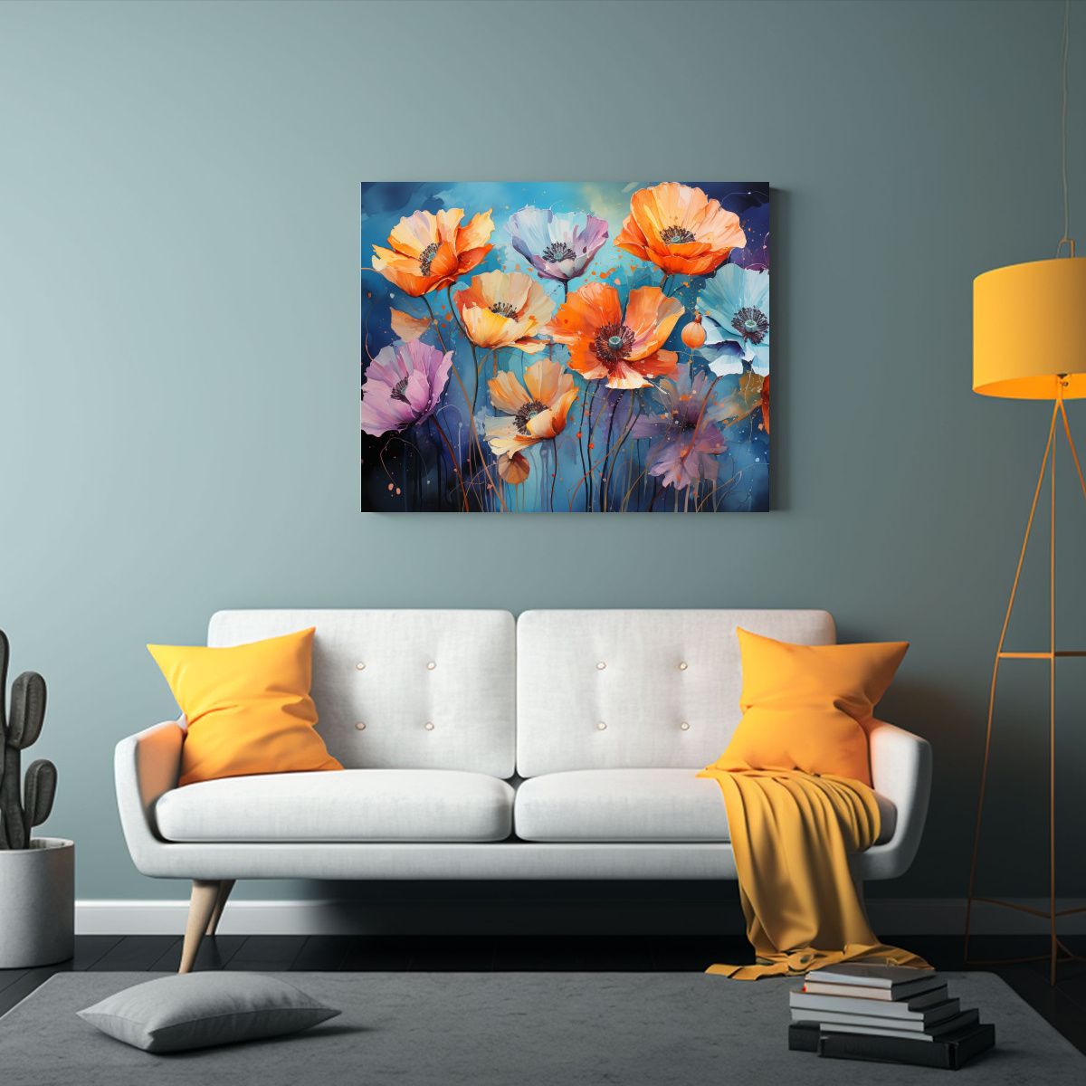 GENERICO - Pintura Abstracta De Amapolas En Tonos Naranja Y Azul Para D 120x80cm