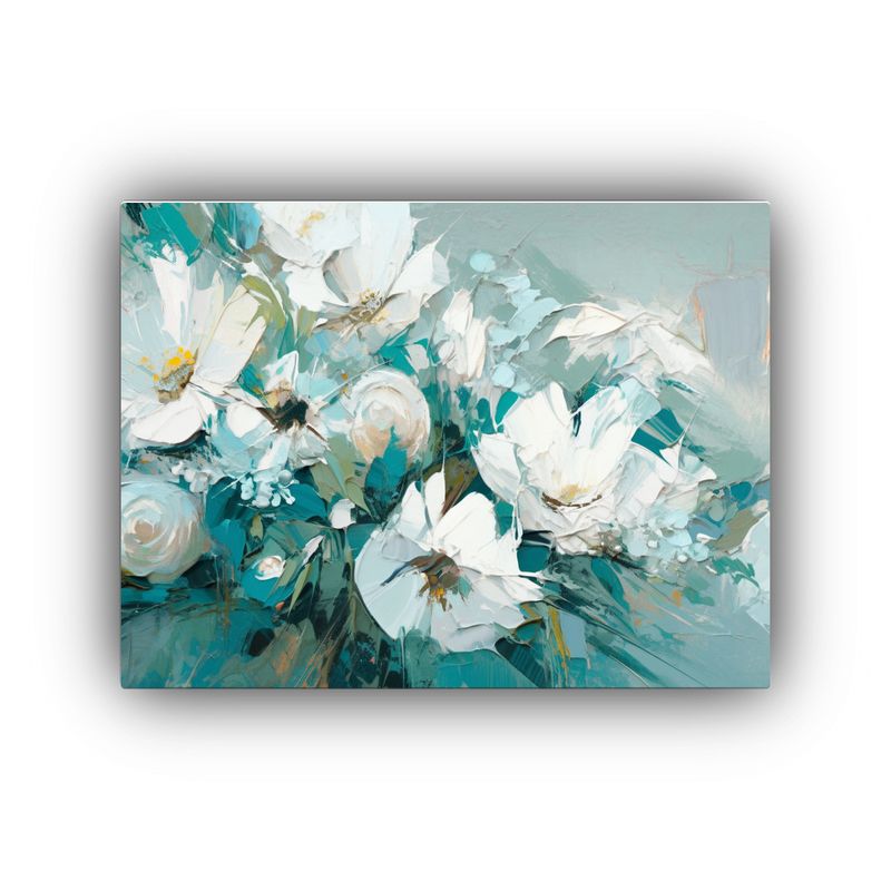 GENERICO - Pintura Acuarela Relieve Flores Blanco Y Teal Lienzo Decorac 120x80cm