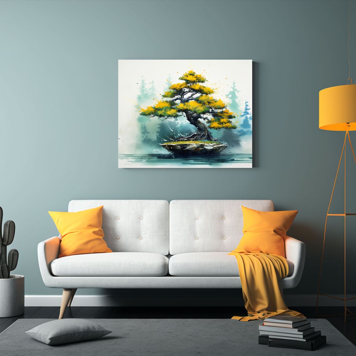 GENERICO - Cuadro Abstracto De Bonsái Amarillo Y Turquesa Para Decorar 120x80cm