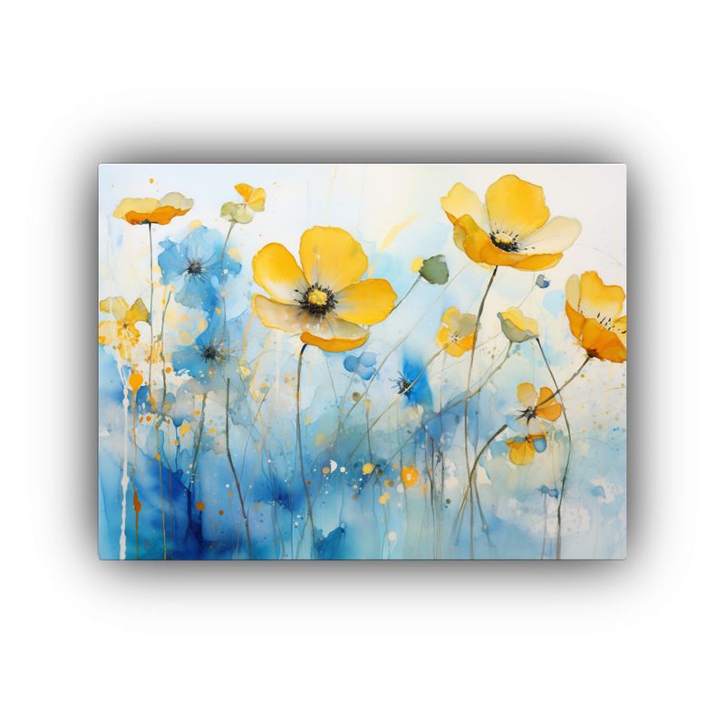 GENERICO - Cuadro Lienzo Temática Flores Buttercups Dorado Y Azul Abst 120x80cm