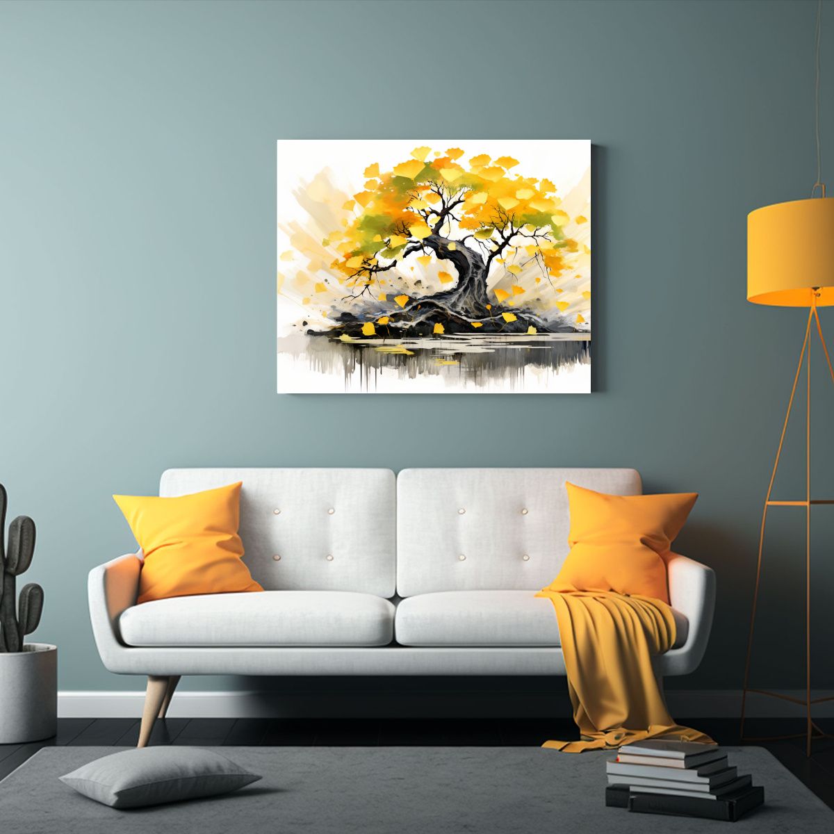 GENERICO - Cuadro Ginkgo Biloba Bonsái Amarillo Y Negro Abstracción C 120x80cm