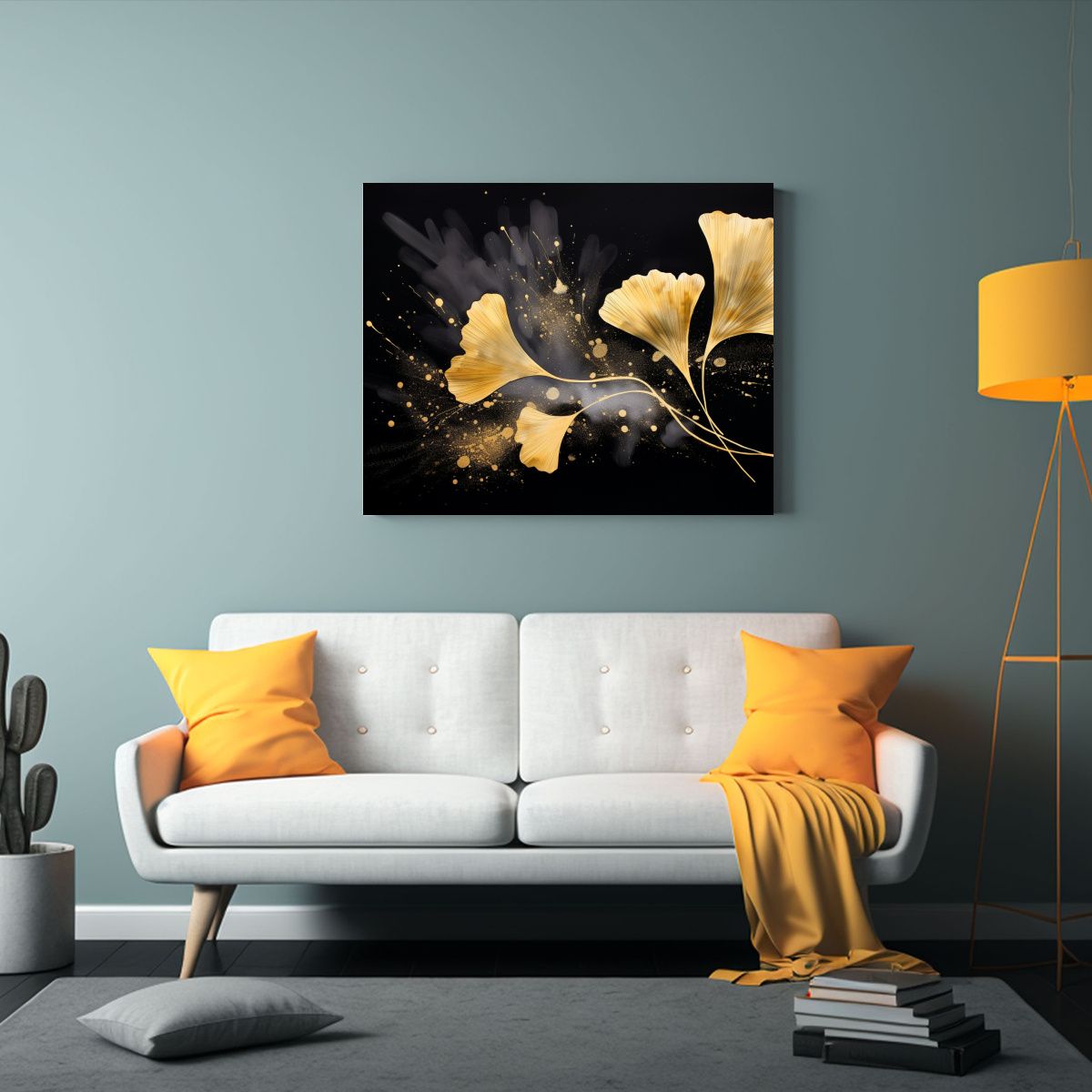 GENERICO - Cuadro Impreso Hojas De Ginkgo En Oro Y Negro Atmosfera Neo 120x80cm