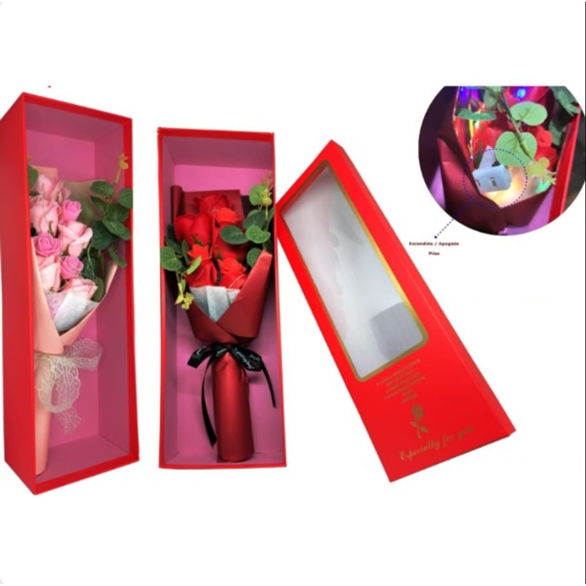 GENERICO - Ramo De Rosas Artificiales Luces Led En Caja Regalo Elegante - Rosado