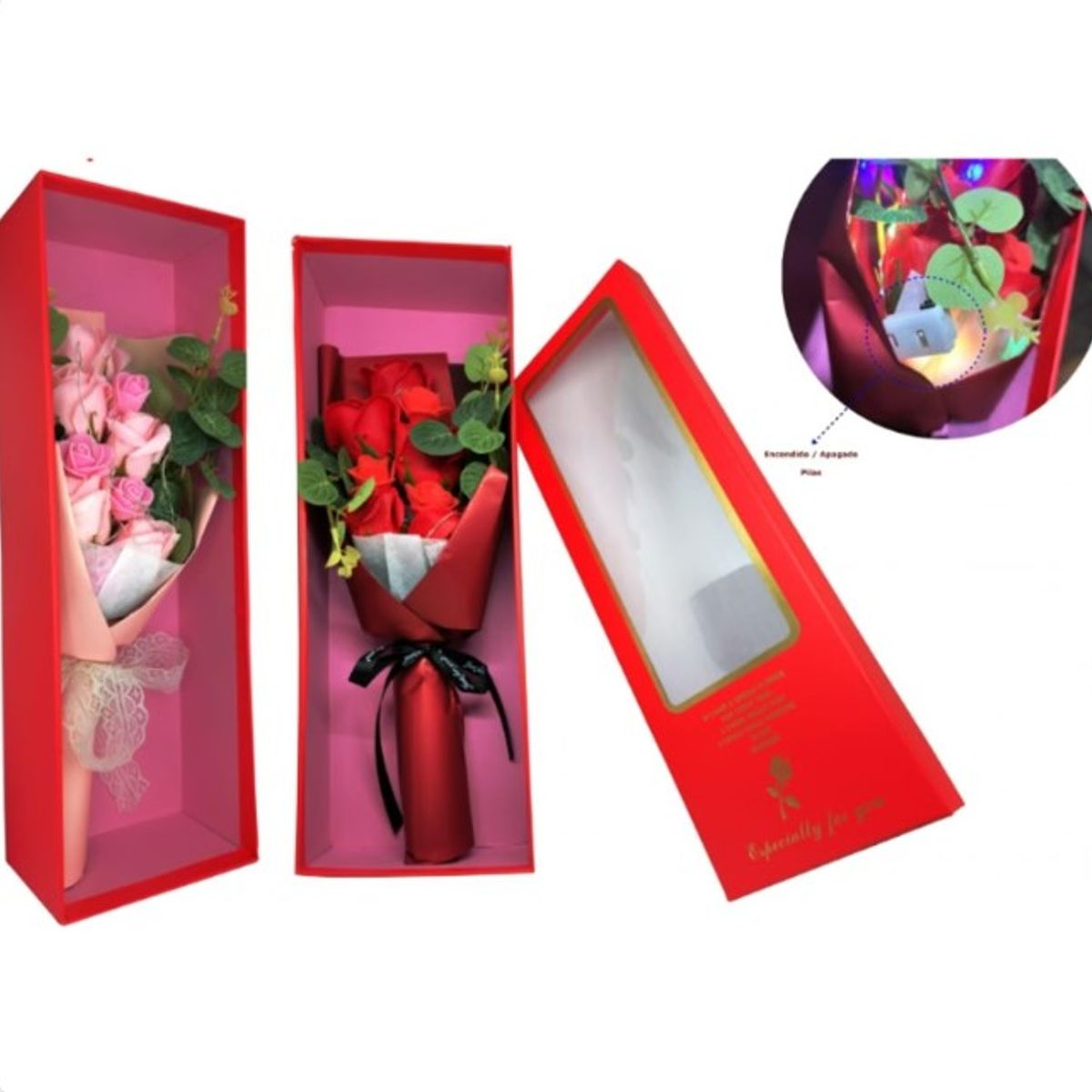 GENERICO - Ramo De Rosas Artificiales Luces Led En Caja Regalo Elegante - Rojo