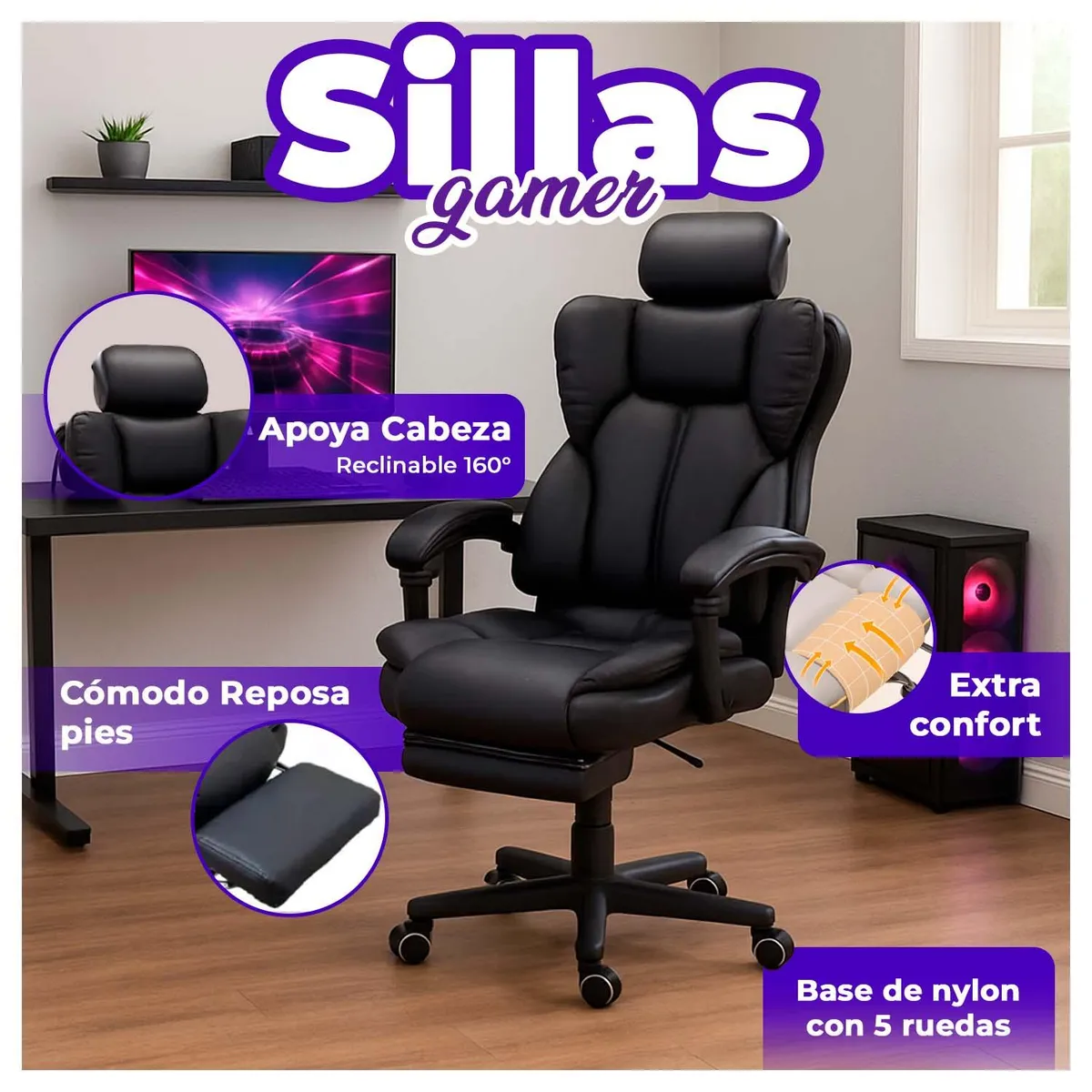 GLOBAL LATIN GROUP - Silla de Oficina Escritorio Gamer Extra Confort diseño premium - Gris