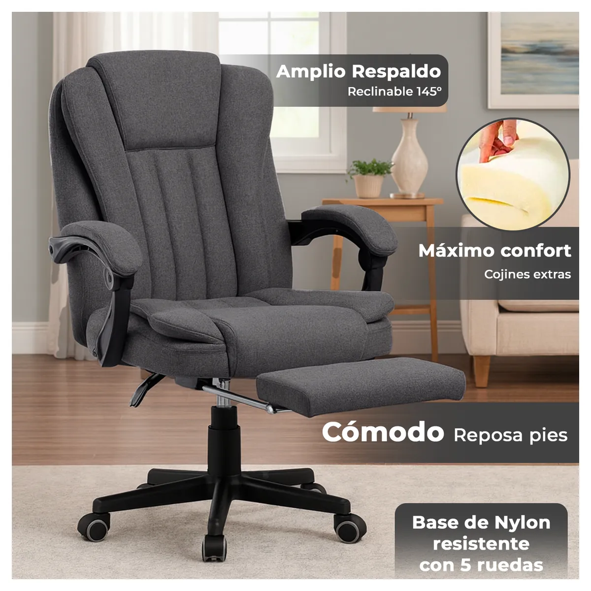 GLOBAL LATIN GROUP - Silla de Escritorio Ergonómica con Ruedas Extra Confort Reclinable