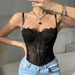 GARSIL - Peto Crop Top Con Tirantes Y Encaje - Transparencias Para Mujer