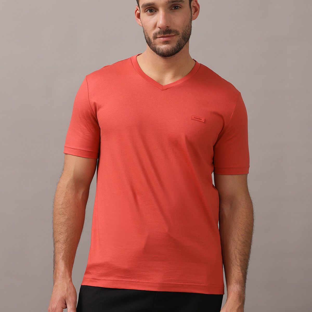 CALVIN KLEIN - Polera Smooth Cotton V-Neck Rojo Calvin Klein