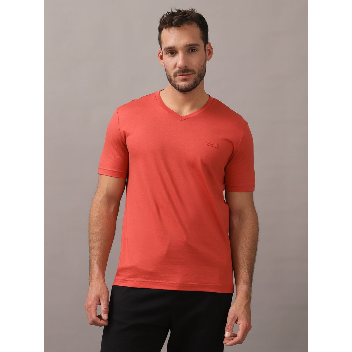 CALVIN KLEIN - Polera Smooth Cotton V-Neck Rojo Calvin Klein