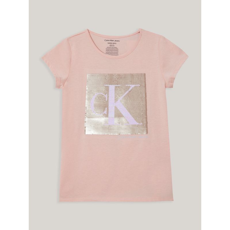 CALVIN KLEIN - Polera Niña Monogram Sequin Rosado Calvin Klein