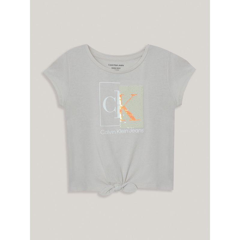 CALVIN KLEIN - Polera Niña Split Monogram Sequin Gris Calvin Klein