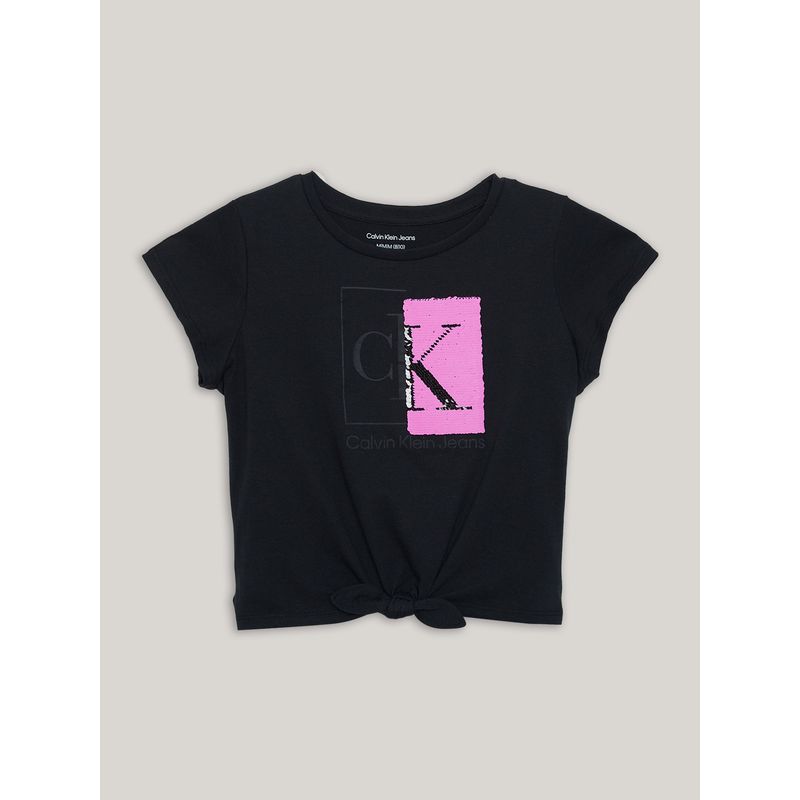 CALVIN KLEIN - Polera Niña Split Monogram Sequin Negro Calvin Klein