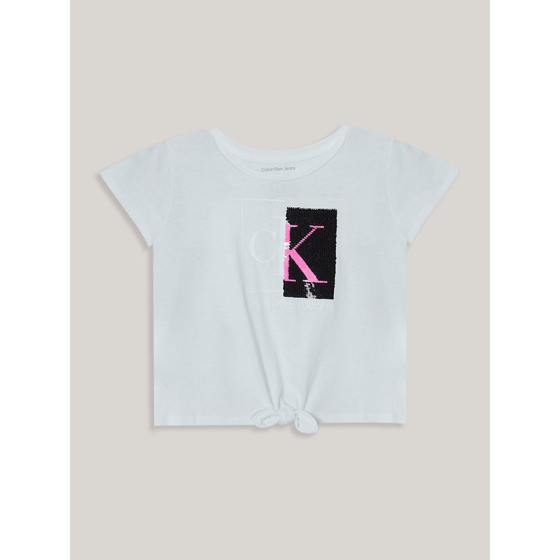 CALVIN KLEIN - Polera Niña Split Monogram Sequin Blanco Calvin Klein