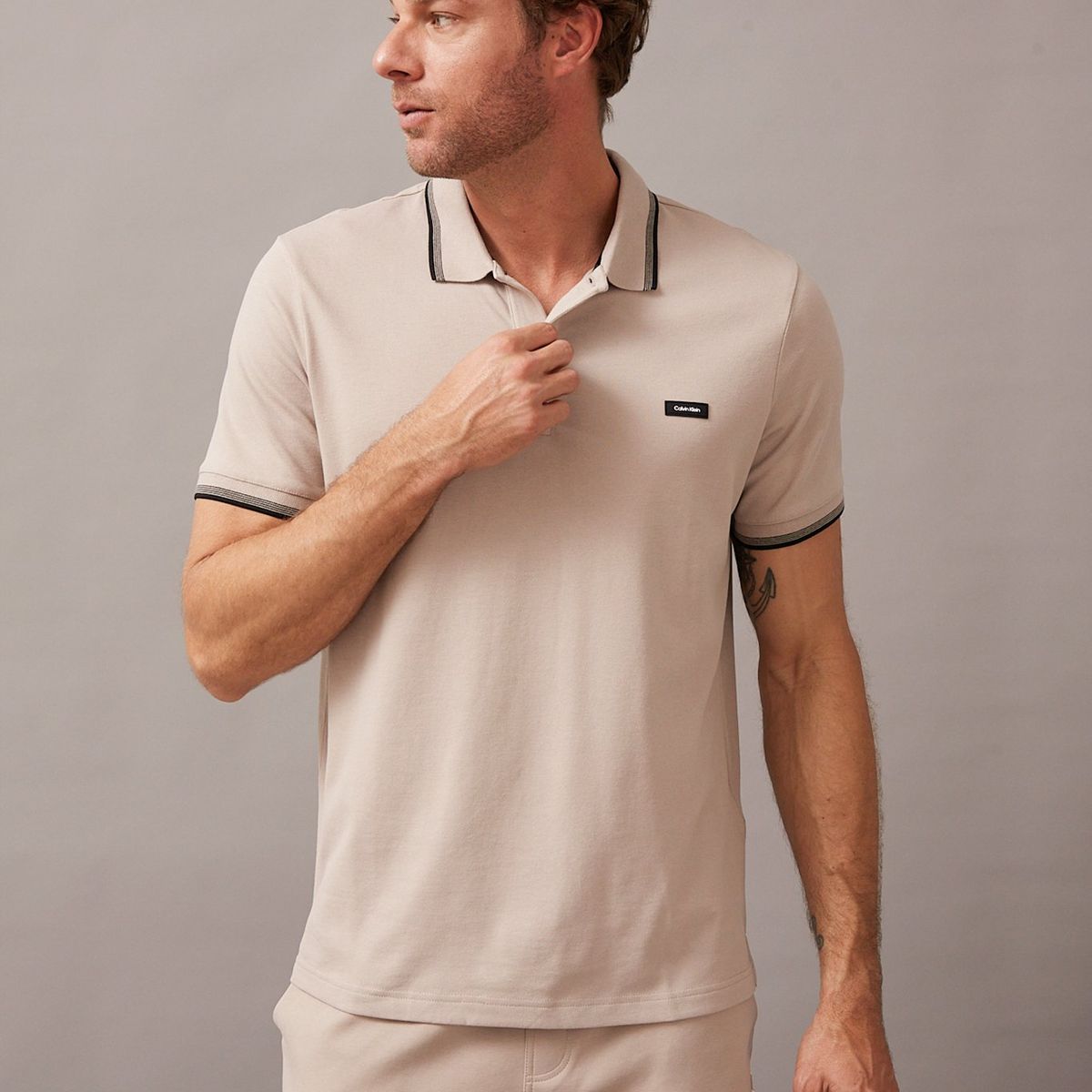 CALVIN KLEIN - Polo Stretch Metal Button Beige Calvin Klein PAN