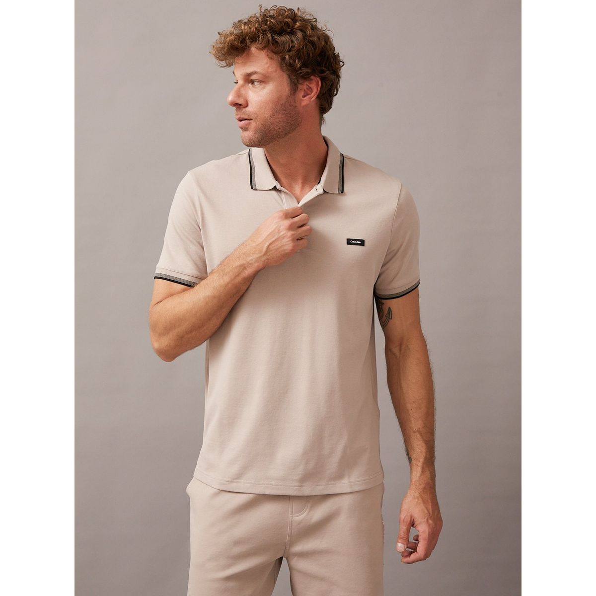 CALVIN KLEIN - Polo Stretch Metal Button Beige Calvin Klein PAN