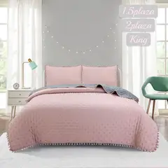 ANGELES DEL HOGAR - Cobertor de Verano Algodon Con Pompon Plaza y Media Rosa Palo