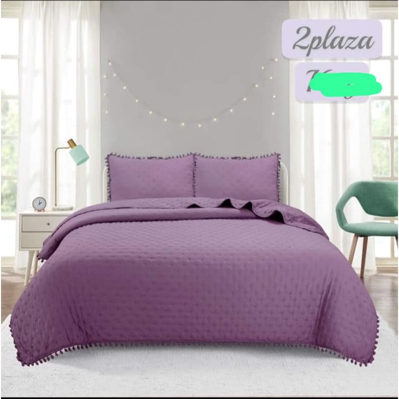 ANGELES DEL HOGAR - Cobertor de Verano Algodon Con Pompon 2  Plazas  Purpura
