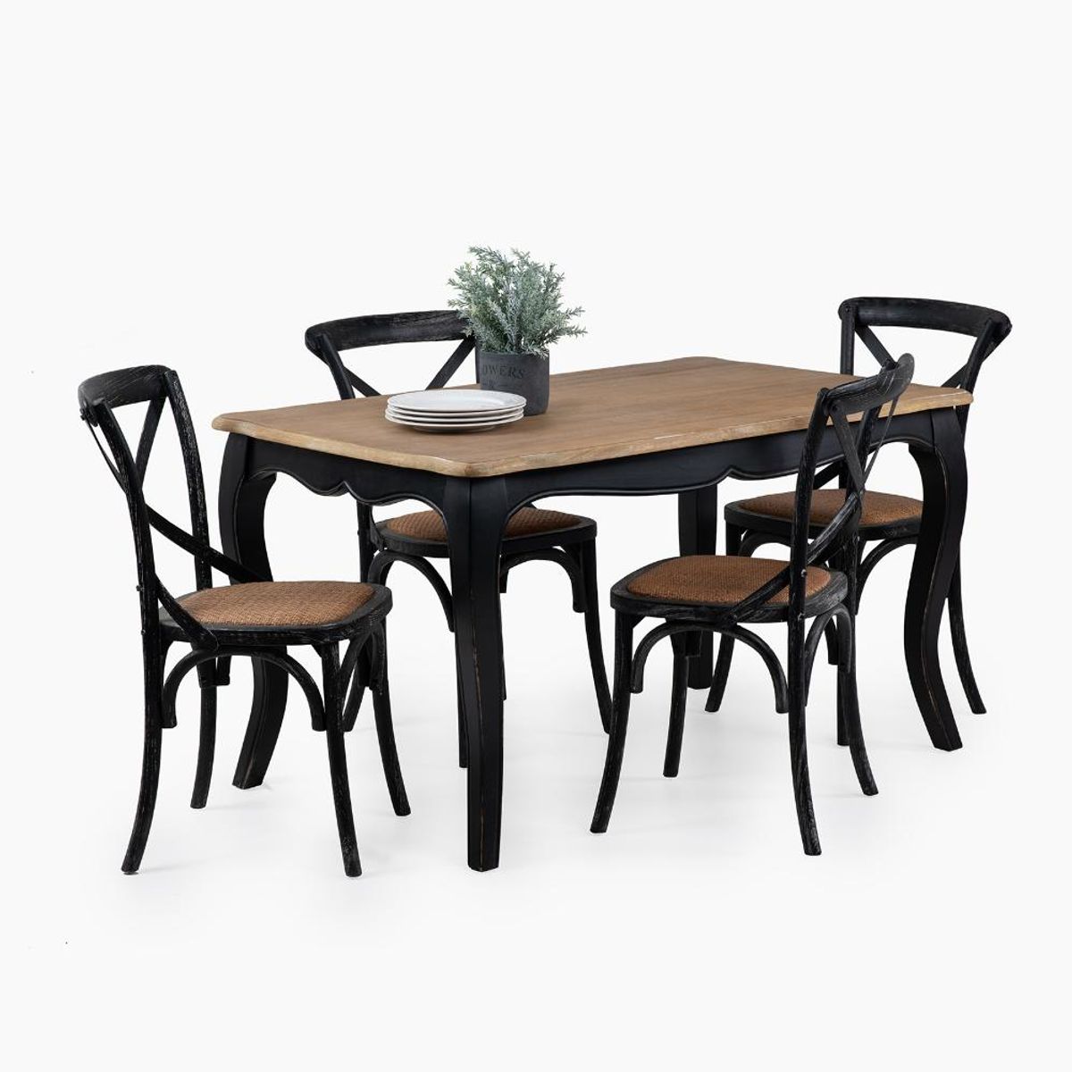 SPAZZIO - Mesa comedor Vittoria rectangular negra + 4 sillas Retro negras