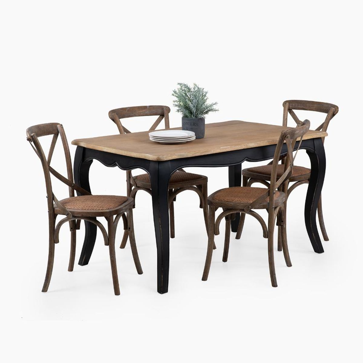 SPAZZIO - Mesa comedor Vittoria rectangular negra + 4 sillas Retro albayalde