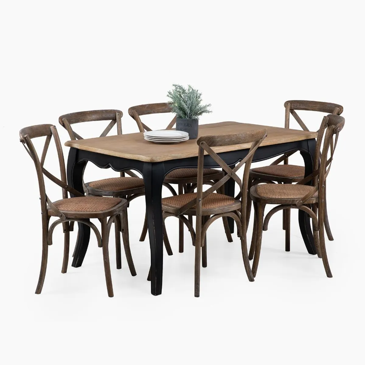 SPAZZIO - Mesa comedor Vittoria rectangular negra + 6 sillas Retro albayalde