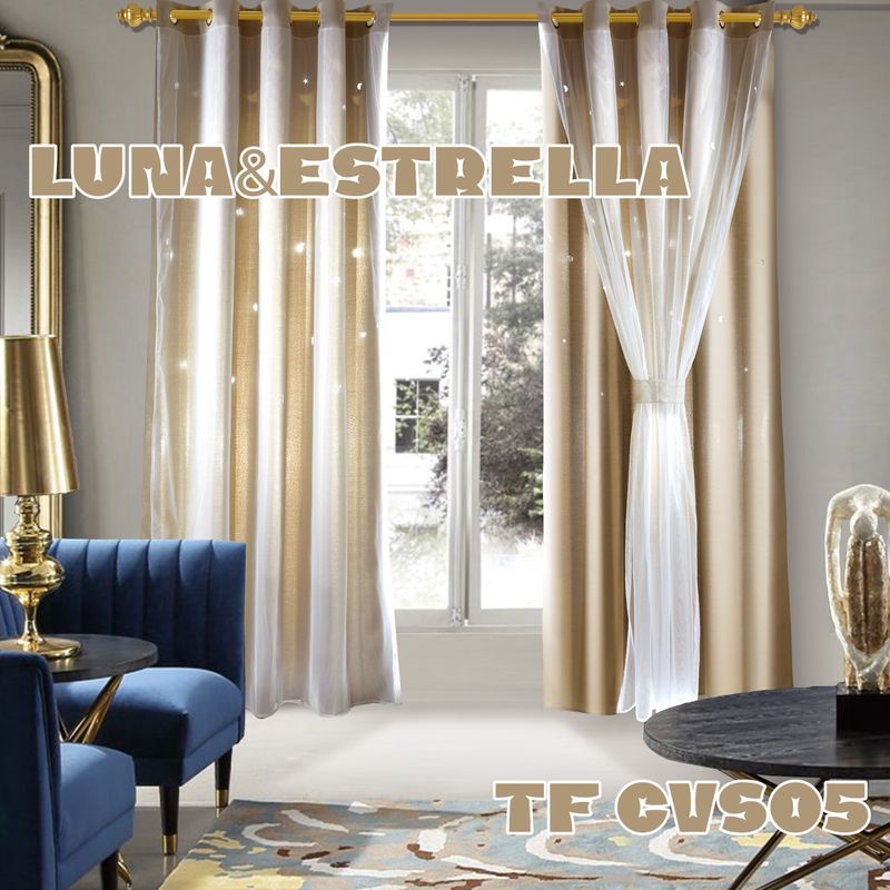 ANGELES DEL HOGAR - Cortina Con Visillo diseño Luna y Estrellas 2 Paños Beige