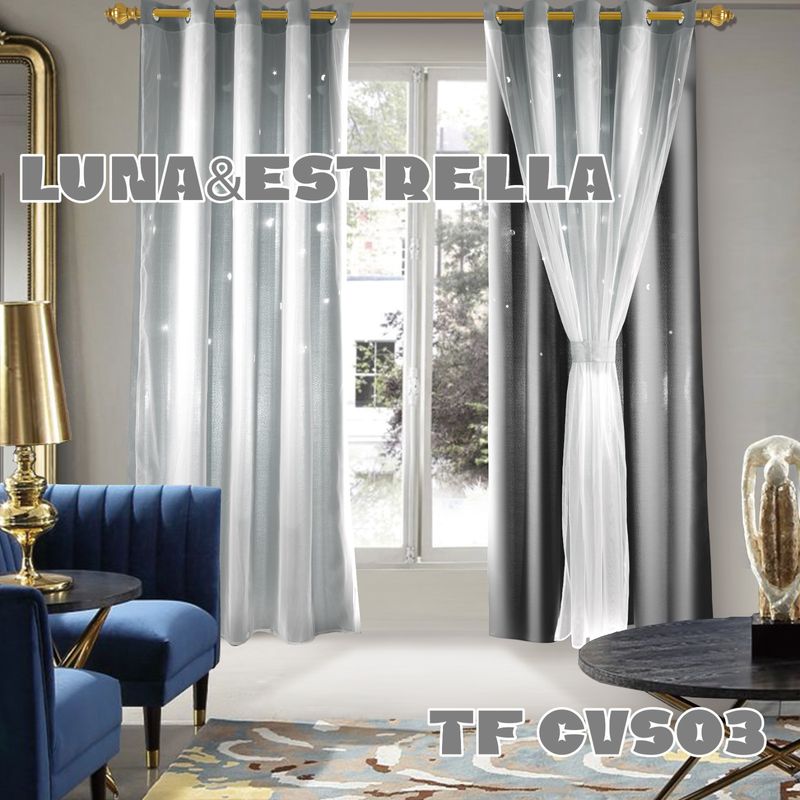 ANGELES DEL HOGAR - Cortina Con Visillo diseño Luna y Estrellas 2 Paños Gris