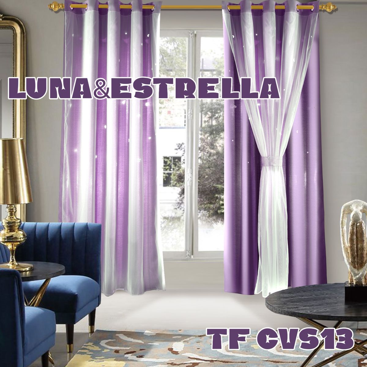 ANGELES DEL HOGAR - Cortina Con Visillo diseño Luna y Estrellas 2 Paños Turquesa