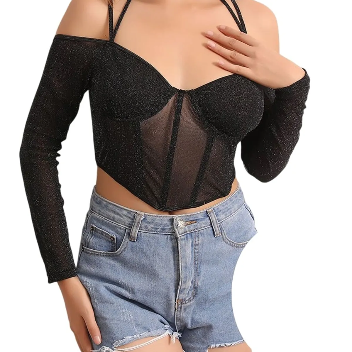 GARSIL - Peto Crop Top Con Tirantes Para Mujer - Tela Con Brillos - Escarcha