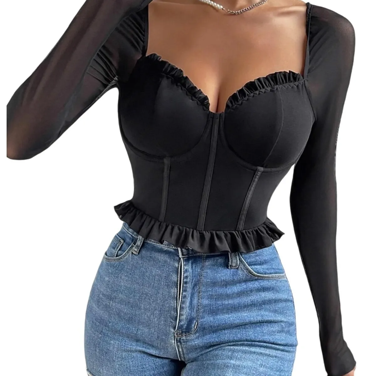 GARSIL - Crop Top Peto Para Mujer Tela Con Transparencia - Manga Larga